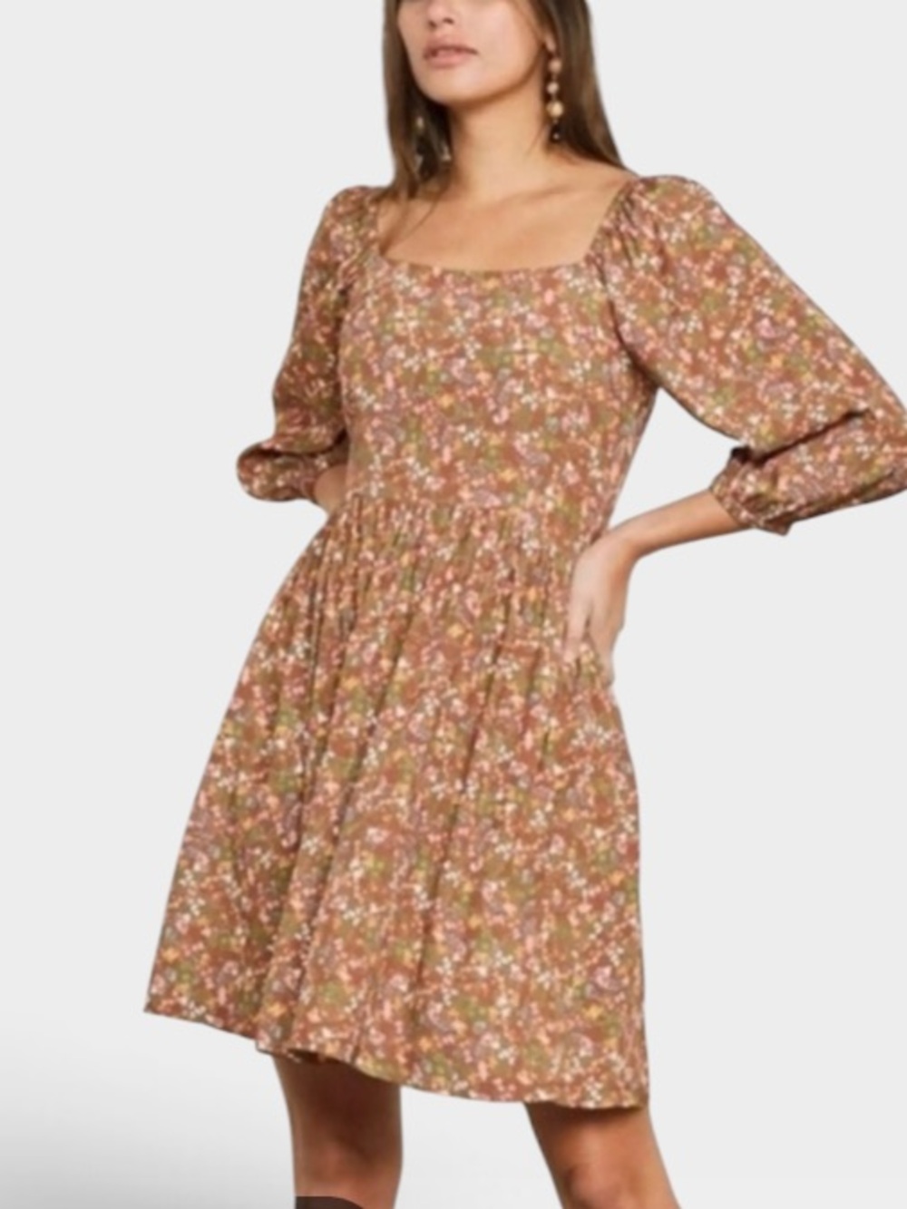 Rachel Pally Boho Brown Floral Peasant Dress, Square Neck, Smocked Bodice XL